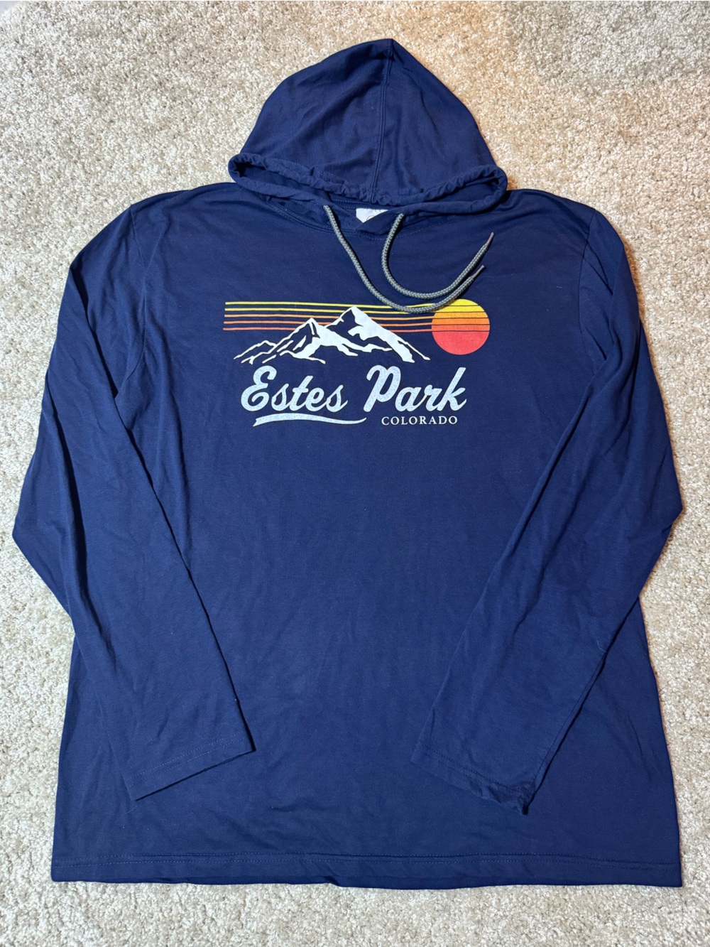 Estes Park Colorado Lightweight Navy Hoodie with Sunset Colorado Design 2XL